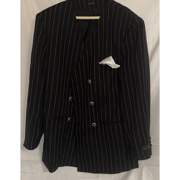 Dino Davinci Mens Double Breasted Coat Jacket Black Sz R40 Pocket White Stripes - Picture 6 of 14